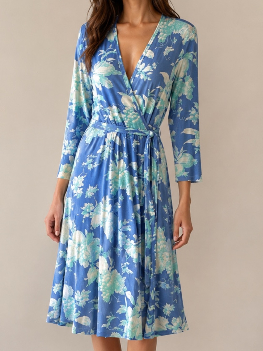 Manuel Canovas Tropical Floral Wrap Dress Womens Size Large Blue White France